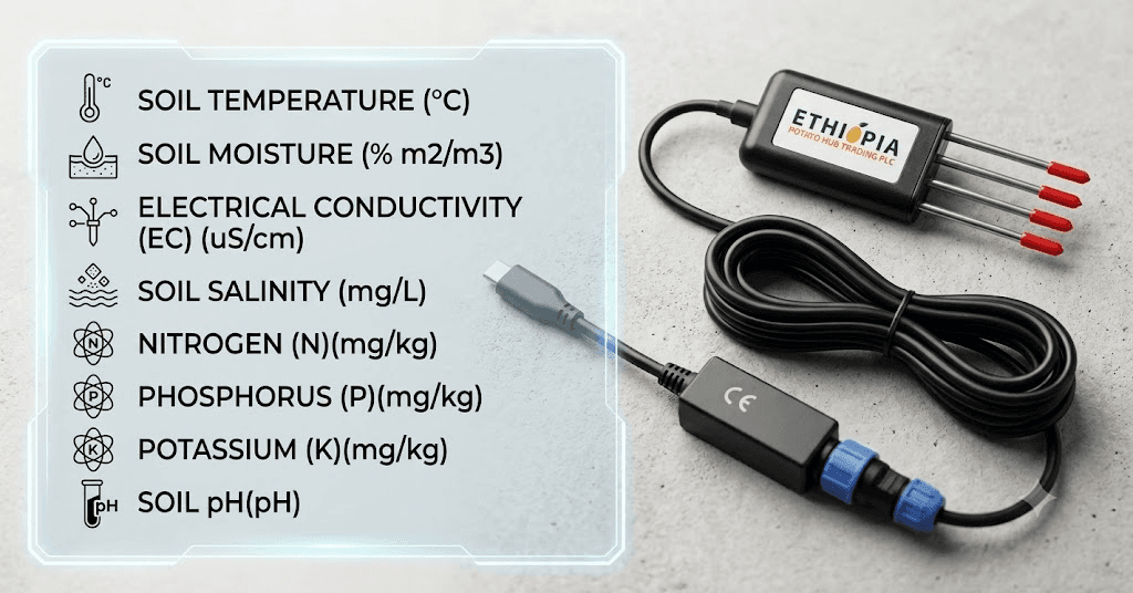 Portable 8-in-1 smart soil sensor with probes, cable and Android connector
